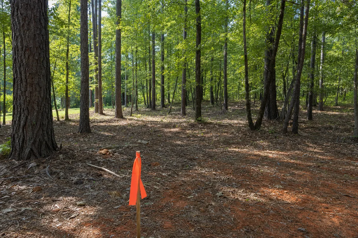 Wooded building lot with a survey marker